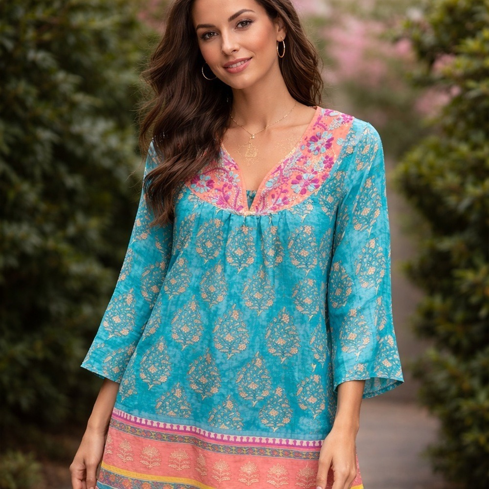 Calypso St Barth Silk Tunic Dress M Embroidered Floral Christiane‎ Celle Vintage